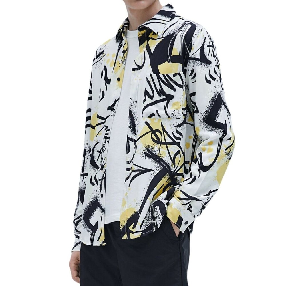 Zara Man White Abstract Graffiti Print Men's L/S Button Up Shirt